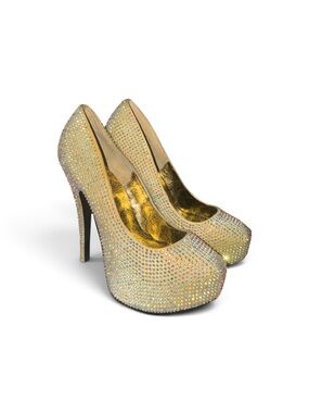 Bordello Gold Crystal Embellished Platform Pumps Women's 7.5 High Heels Y2K Glam